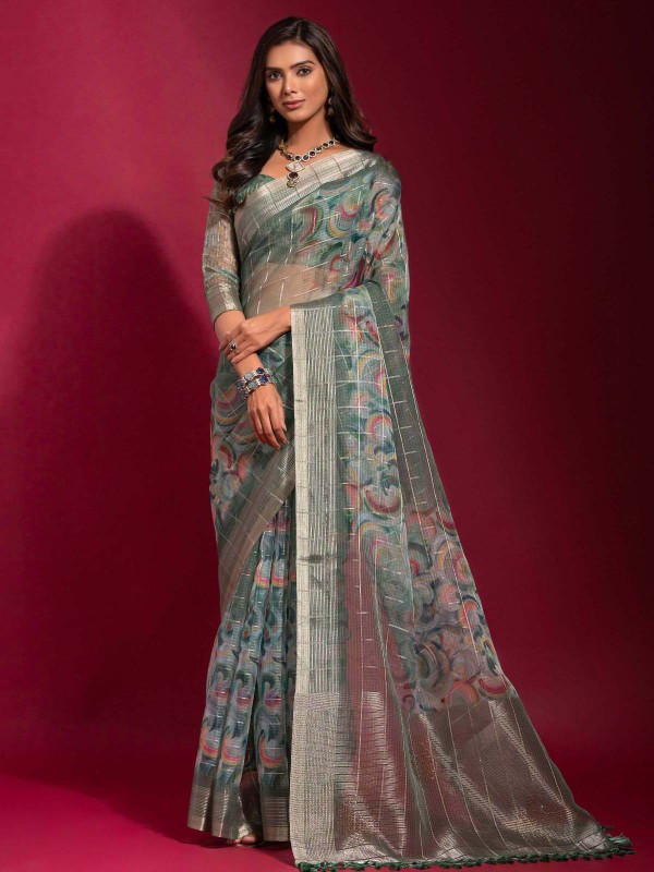 Aqua Green Linen Silk Digital Print Saree